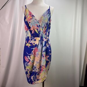 Yumi Kim Blue Hawaii Tulip Dress YK-370 Floral V-Neck Sleeveless Sheath Size L